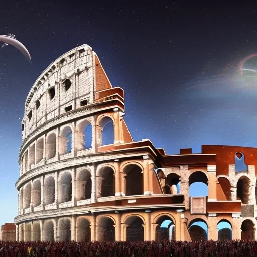 Intricately detailed flying saucer over the Roman Colloseum, futuristic, realistic, hyperdetailed, complementary colors