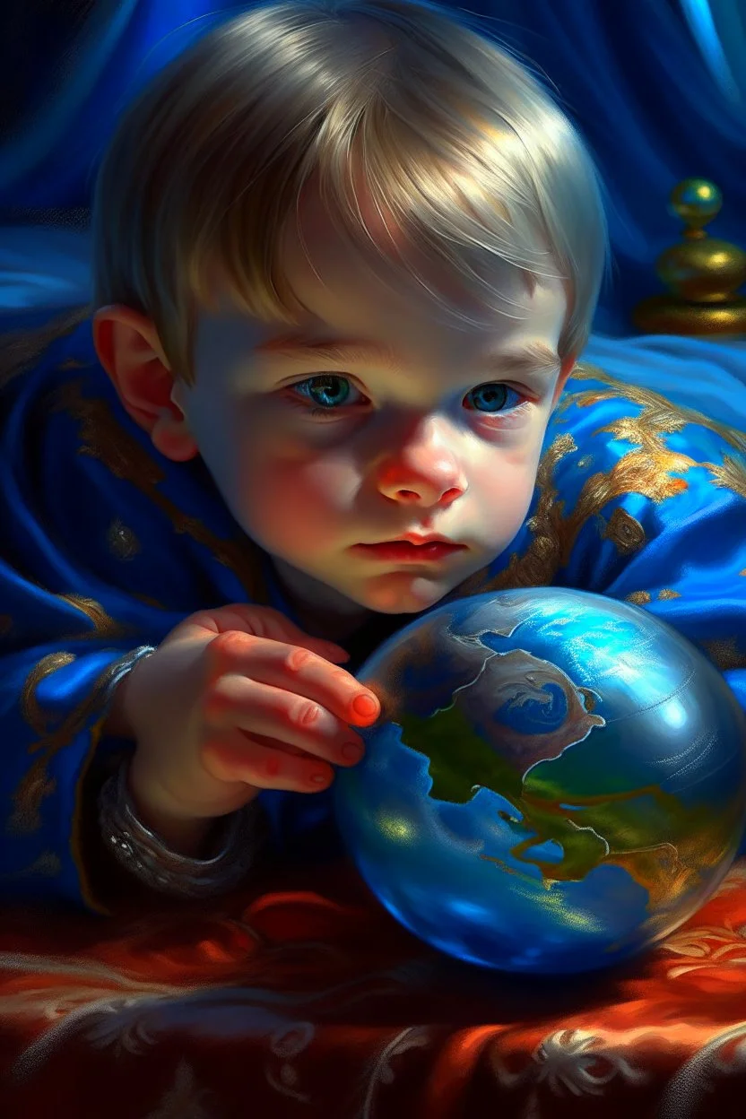 cover illustration, oil painting portrait of metallic sleeping slightly cute smirking innocent blue eyed vampire holding small earth on a platter on a towel, bokeh , high detail, smooth render, prize winning, down light, depth of field, aura, in wind