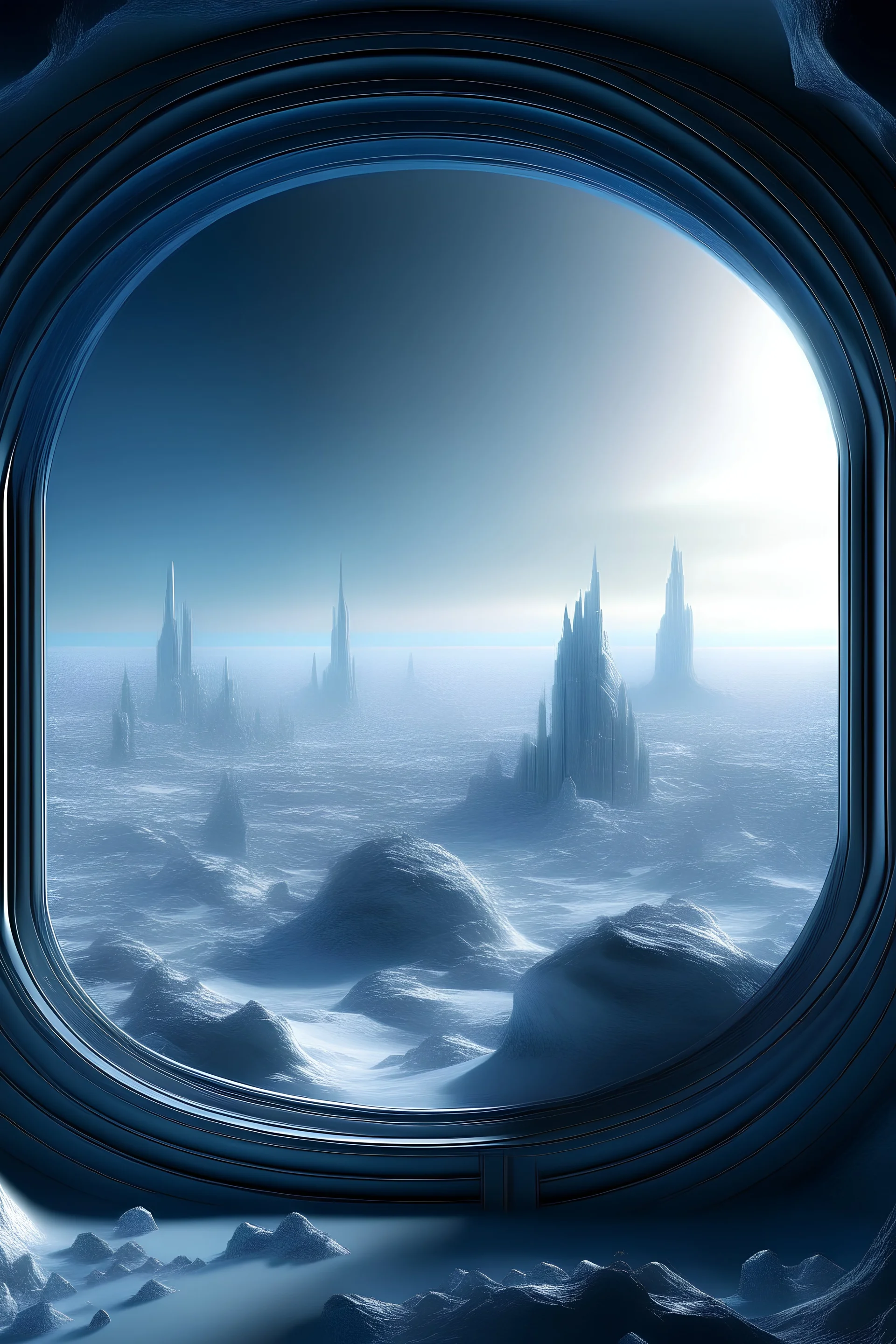 Widok z okna salonu, na miasto na lodowej planecie.