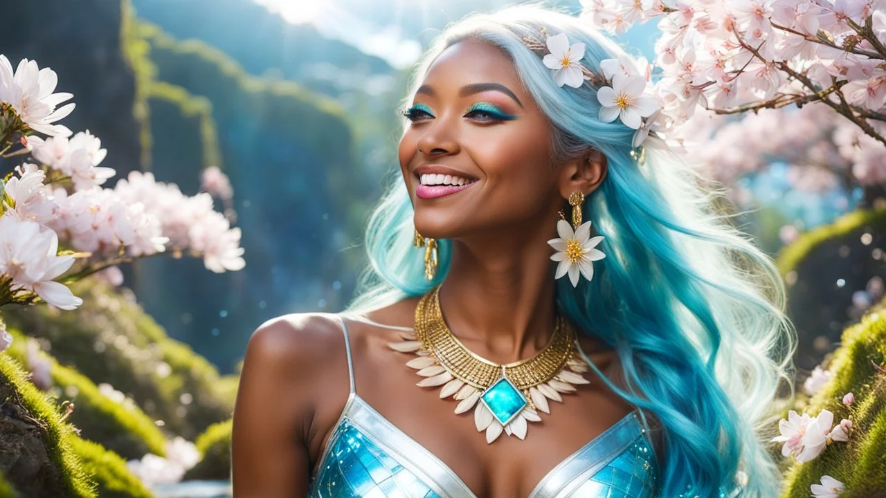 Portrait of a gorgeous smiling skinny polynesian goddess with a golden dark skin, long smooth clear turquoise blue white hair, blue eyes, in a sci-fi outfit with luminous strikes sending a kiss in a hill of flowers with sakura trees, a small torrent, loads of mini flowers, moss, sun rays through the branches, particles in the air at spring