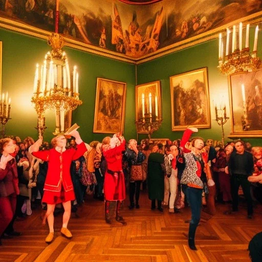 Celebration in a schloss, cheering people, Austrian aesthetic, warm colors, wooden floor, forest green walls, red, chiaroscuro, 8k, HD, cinematography, photorealistic, Cinematic, Color Grading, Ultra-Wide Angle, Depth of Field, hyper-detailed, beautifully color-coded, insane details, intricate details, beautifully color graded, Cinematic, Color Grading, Editorial Photography, Depth of Field, DOF, White Balance, 32k, Super-Resolution, Megapixel, ProPhoto RGB, VR, Halfrear Lighting, Backlight