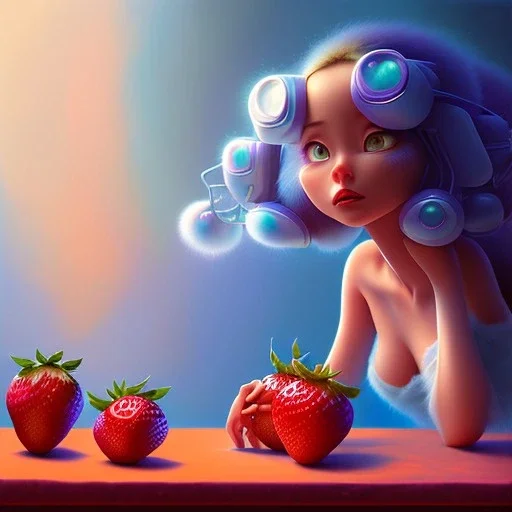 pixar style,women with sweet jar ofjam in kitchen,volumetric blue sky environment and background, volumetric lighting,dramatic lighting, realistic painting of an strawberry, looking excited, detailed digital painting, extreme dense and fine fur, anime, ornate, colour-washed colors, elegant, small minutiae, tiny features, particulars, centered, smooth, sharp focus, renderman gofur render, 8k, uhd, detailed eyes, realistic shaded volumetric lighting,caustics,backlight,centered camera view