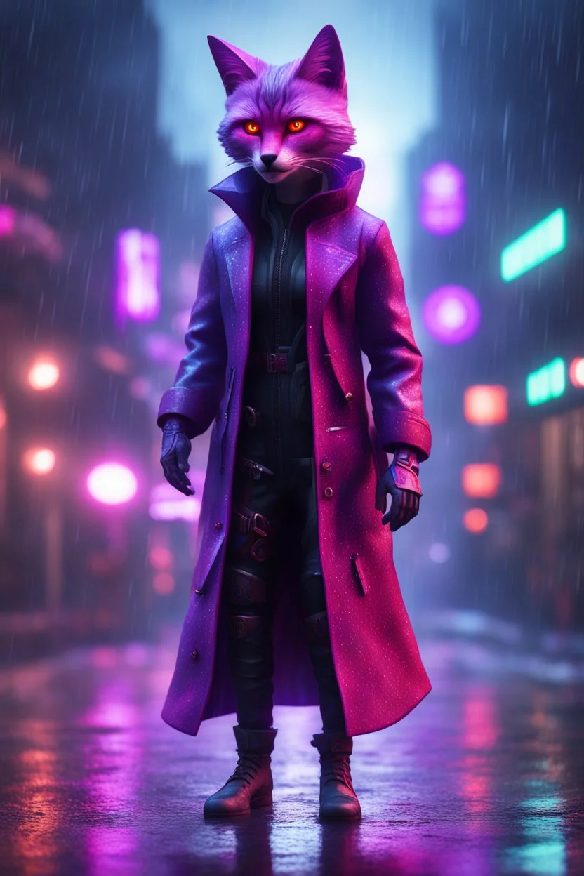 Volumetric fog grey fox cat lights,paradise sacred geometry framed playing card, black, red, spore and purple neon cyber punk dancer thief in soaked rain coat shadows boss card in the style of escher and fallout 4 ,,bokeh like f/0.8, tilt-shift lens 8k, high detail, smooth render, down-light, unreal engine