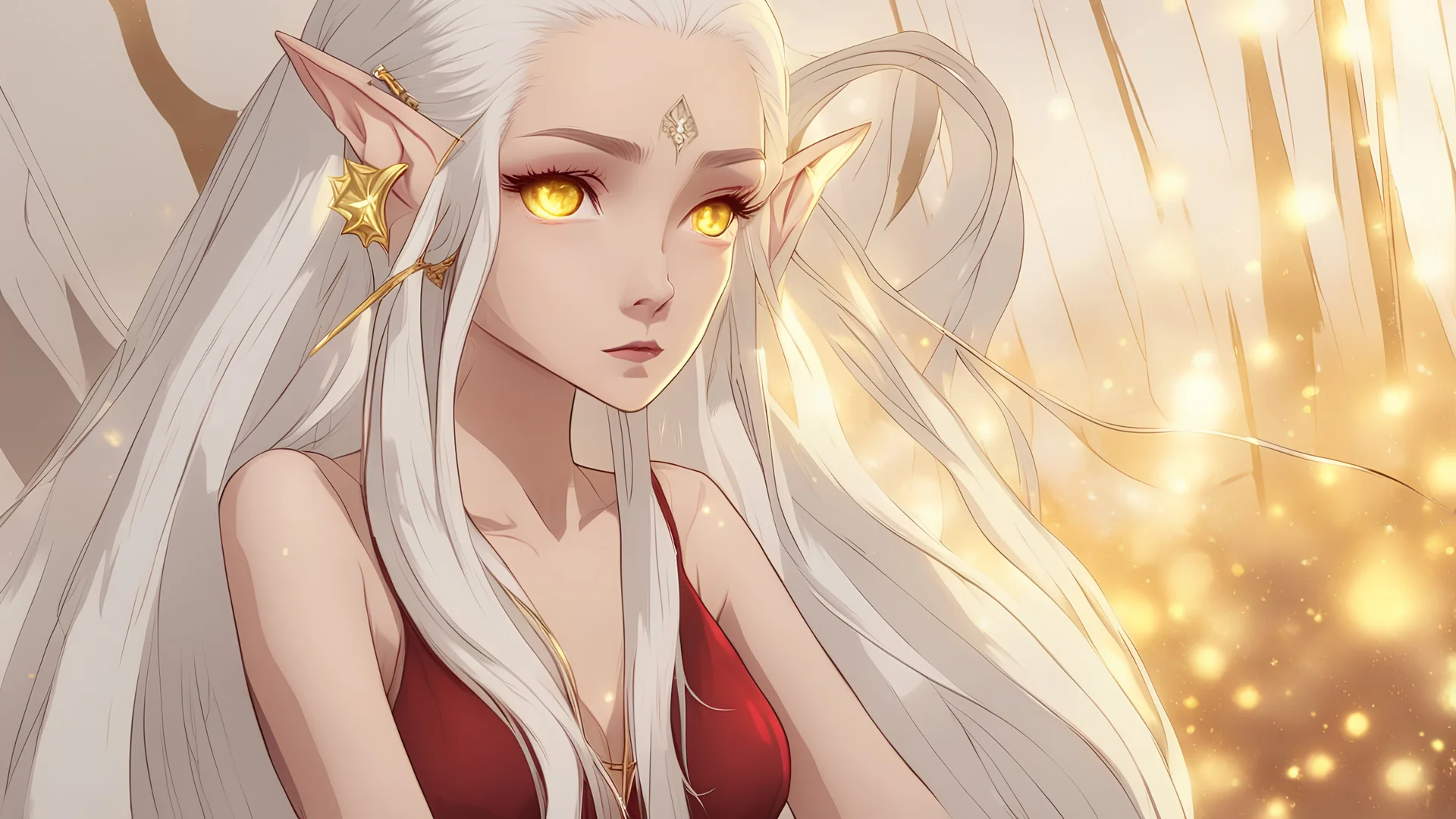 Hot Elf with white hair and glowing yellow eyes She wears a dark red dress