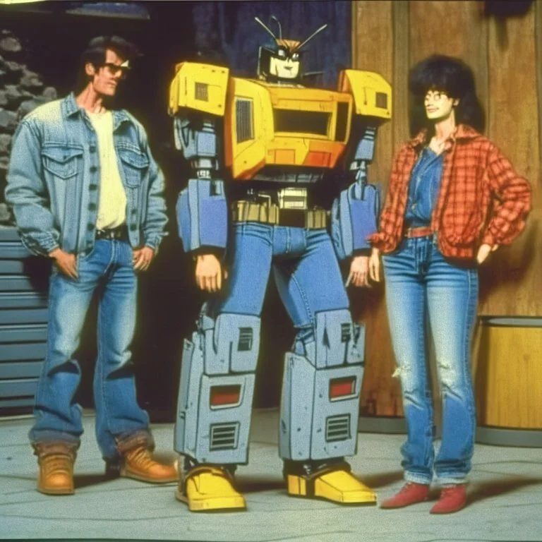 Optimus prime, bumblebee and ratchet wearing jeans and jackets at the standup show 1990, sitcom style tv show.