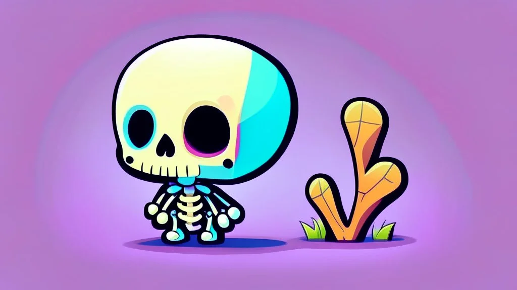 Cute chibi-style bony skeleton, cartoony, colorful, exaggerated, simplified, adorable