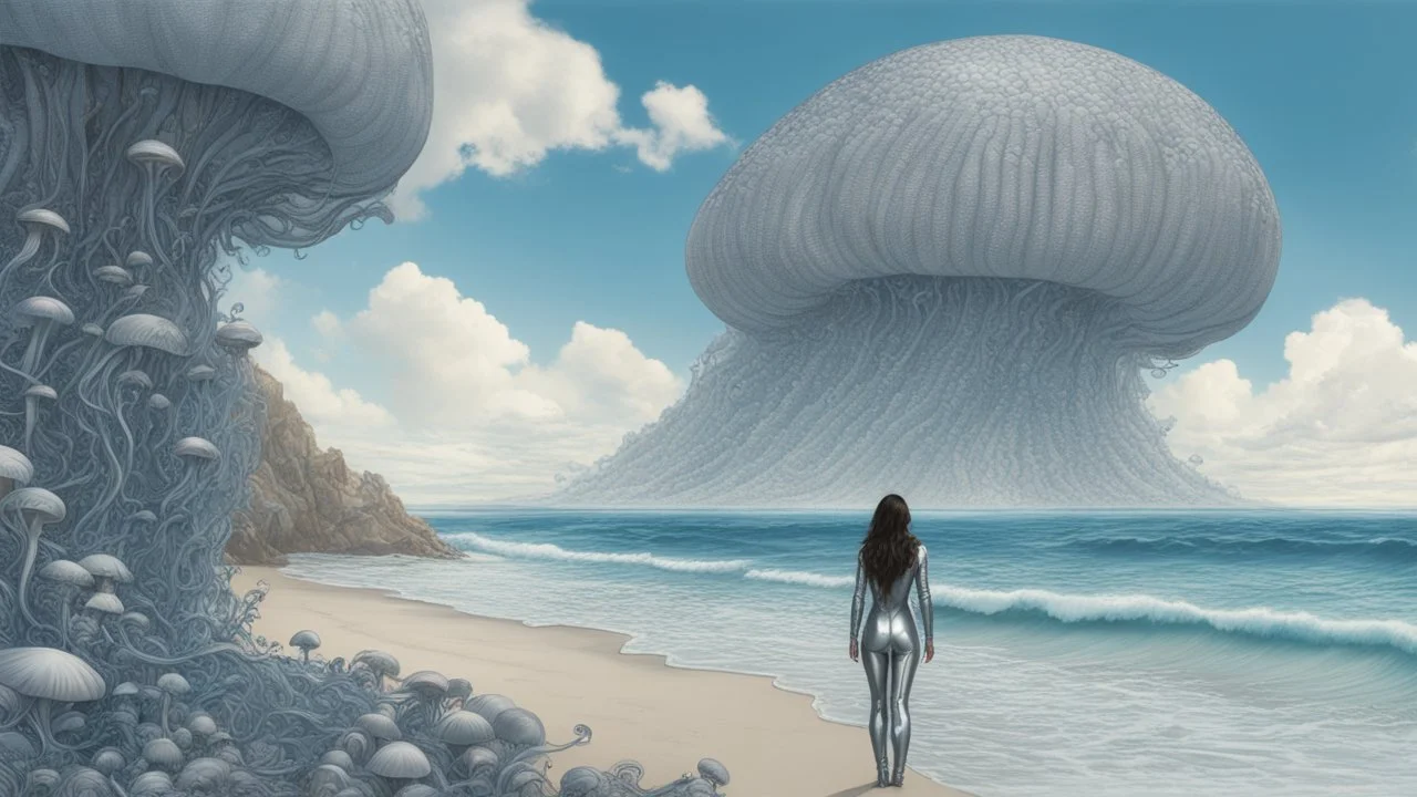 Wide-angle shot of a woman, standing to one side on a beach with huge waves, with dark hair in a silver robotic catsuit, many large blue jellyfish shaped like mushrooms with tentacles floating high up in the air, masterpiece, best quality, super detailed