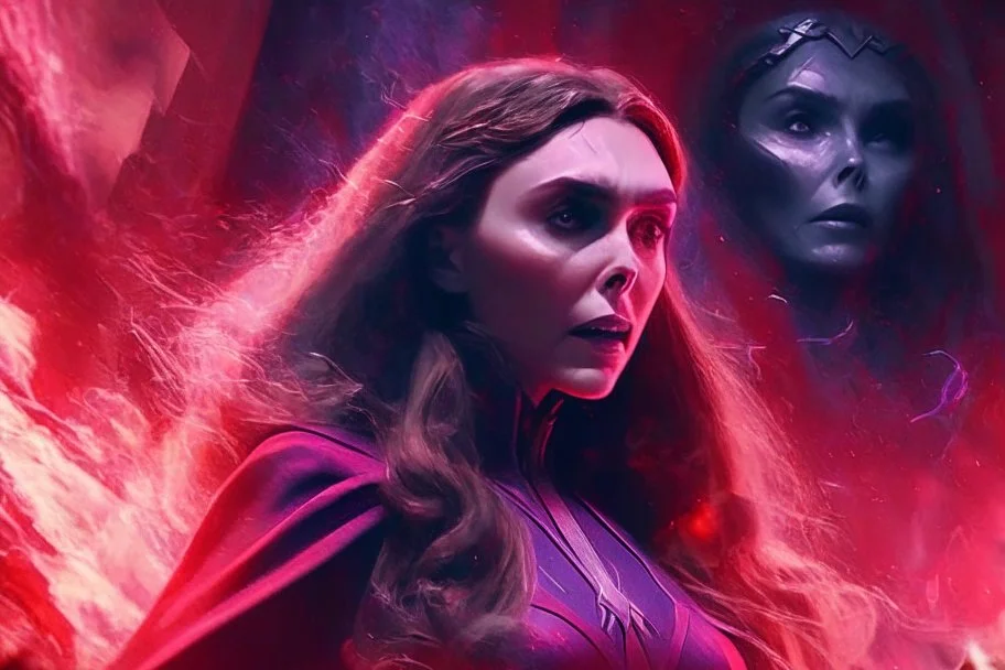 Feiticeira escarlate, wanda Marvel, elizabeth olsen, 4k render, vilã, manipulando magia, raiva, fundo de destruição, cores frias, cinematográfico, dramático