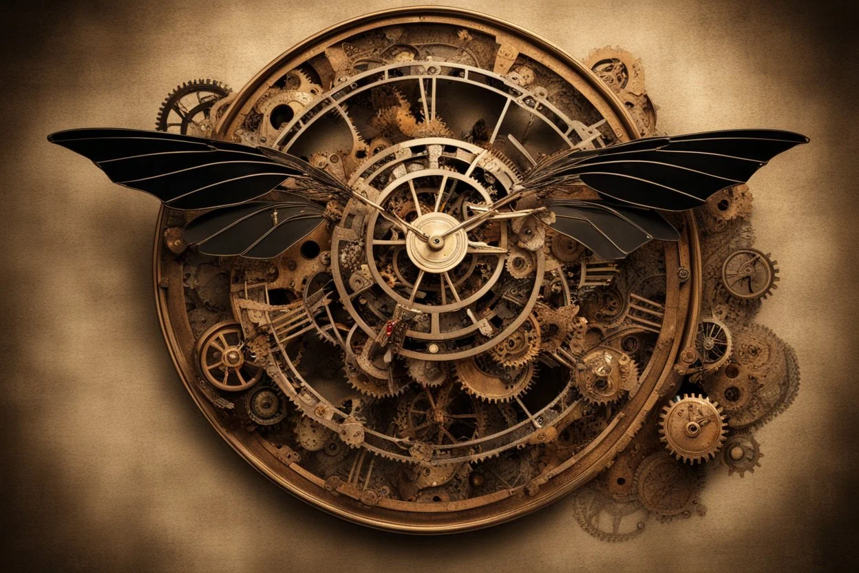 steampunk clock surrounded by cogs and springs, metal insects with wings