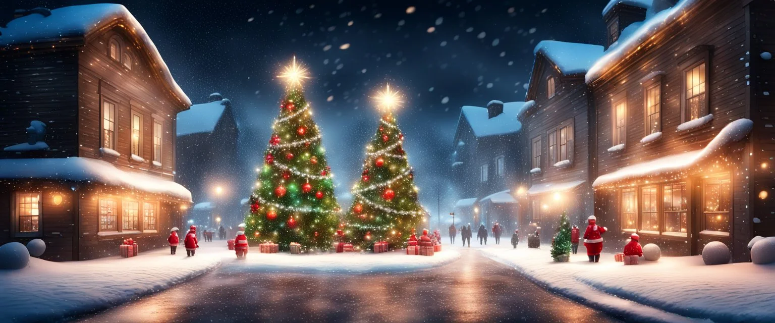 Hyper Realistic Christmas Celebrations In A Street at Snowfall Night with a Big Christmas Tree & garland Lights