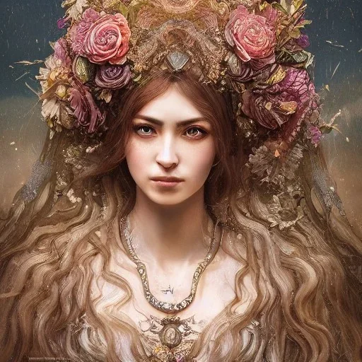 Insanely detailed photograph of an “portrait of gorgeous Greek goddess ” with intricate hair, intricate embroidered dress, beautiful clear face and hyperdetailed painting by Ismail Inceoglu Huang Guangjian and Dan Witz CGSociety ZBrush Central fantasy art album cover art,8K, hdr, romantic, mysterious, ominous, flowers, jewelry, comfort, natural eyes, "arms open for embrace"