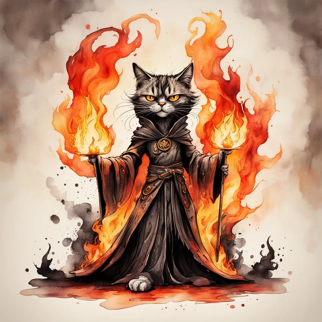 create an abstract ink wash and watercolor full body caricature of an aged, malevolent, ornately dressed , 14th century sorceress cat engulfed in fire ,highly detailed with refined feline features in the cartoon caricature style of Gerald Scarfe and Ralph Steadman precisely drawn, boldly inked, vividly colored, 4k