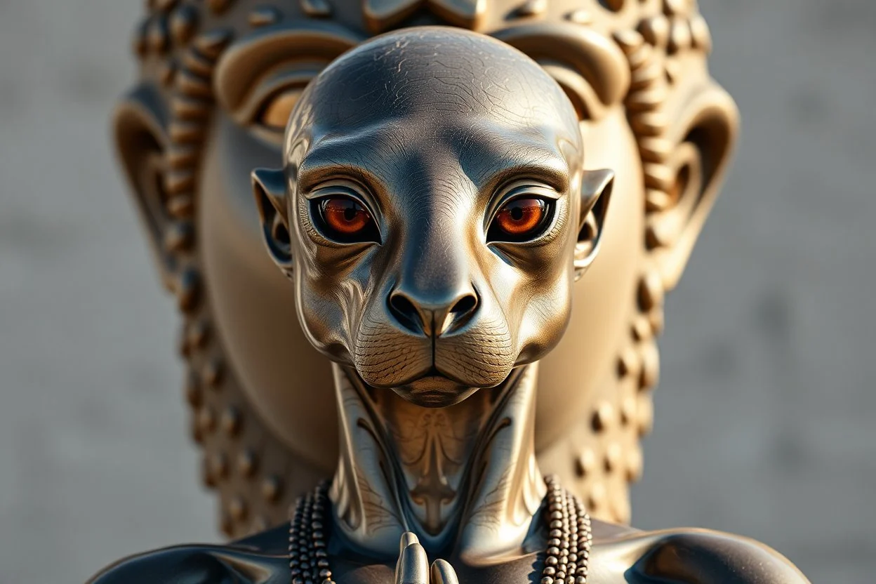 full body portrait of humanoid shiny yoga weasel semi transparent hypnotic kind eyes in front of statue of himself