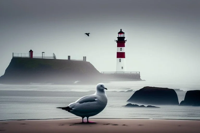 A seagull is sitting in the foreground, behind there far away lighthouse. England, foggy day