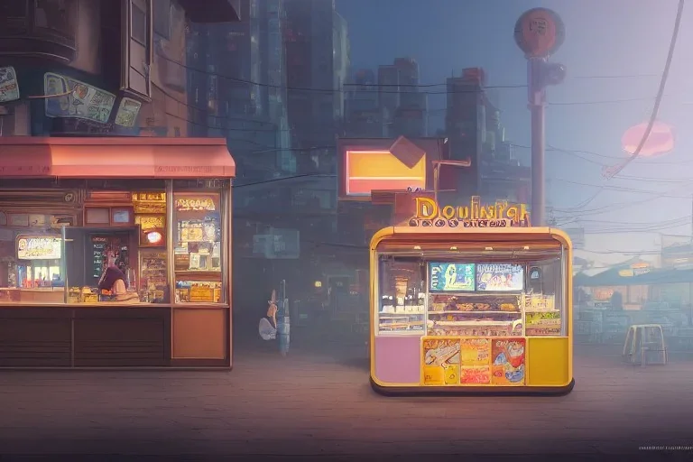 a highly detailed matte painting of a single small building, donut snack bar with take away counter with sign by studio ghibli, makoto shinkai, by artgerm, by wlop, by greg rutkowski, volumetric lighting, cyberpunk, octane render, 4k resolution, trending on artstation, masterpiece