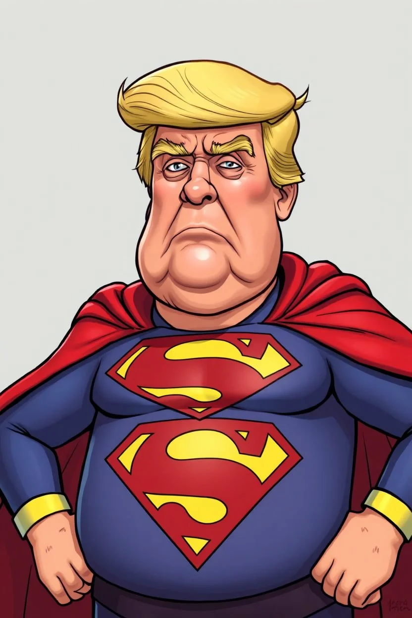 a thoroughly confused, frail, elderly and obese donald trump standing dressed as cartoon superman
