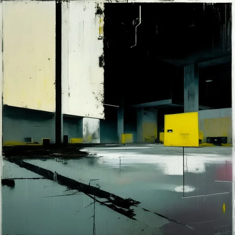 Minimal contemporary abstract oil paintings of desolate 1960s carpark with road markings and concrete fragments. Overlay with grungy typography graphics. style of Justin Mortimer and Francis Bacon.