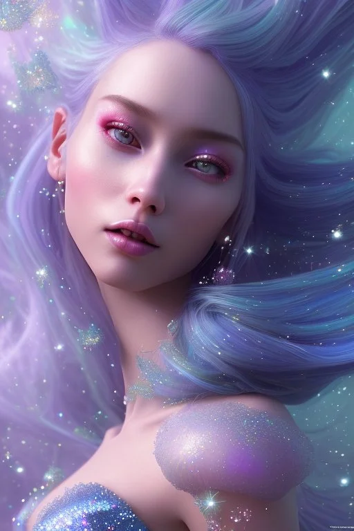 woman glitter blue fairy in a galactic ambiance, long blue hair, detailed gorgeous smile, delicate colors in the foreground, full of details, smooth, light effect，vaporwave colorful, smooth, extremely sharp detail, finely tuned detail, ultra high definition, 8 k, unreal engine 5, ultra sharp