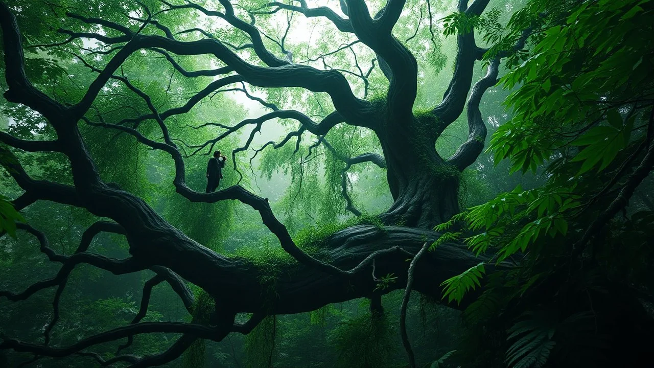 The image depicts a lush, green forest scene featuring a large, gnarled tree with intricate branches. Among the branches, a figure is perched, blending into the natural environment. The foliage is dense, with vibrant greens and subtle light filtering through the leaves, creating a serene and mystical atmosphere.