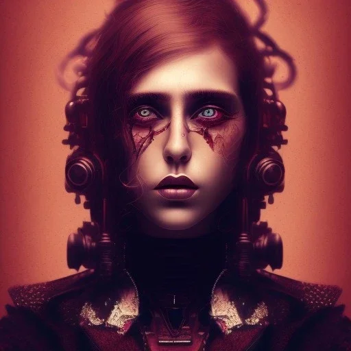  high lit, steampunk, singer Danish MØ face, style Abstract portrait, darkred tones,