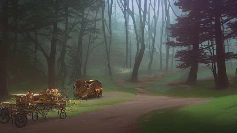 gypsy caravan in a woodland with pathway and river