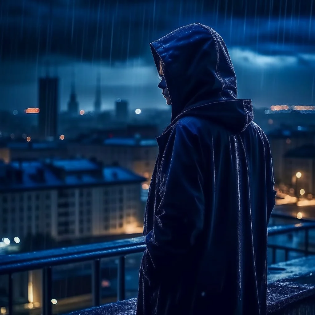 girl in a raincoat, watching the empty city, at midnight, dark grey colours, rainy, atmospheric, photo quality