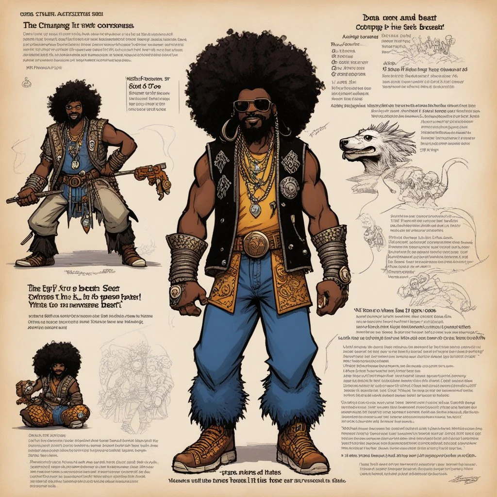 character concept sheet with AD&D statistics and characteristics, [illustration by Kevin Eastman and Peter Laird] the Obeah Man wizard , "damn, he fly" he pimps to the beat, in his new lafreak yeah, animal print pants outta control it's redfoo with the big afro