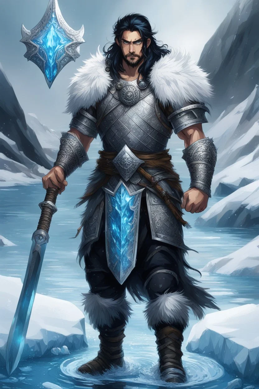 1 mana warrior, with blue eyes and black hair man in silver Viking armor with fur around the neck with blue crystal on his chest , standing in water in the artic, holding a ice axe, warrior in anime style,