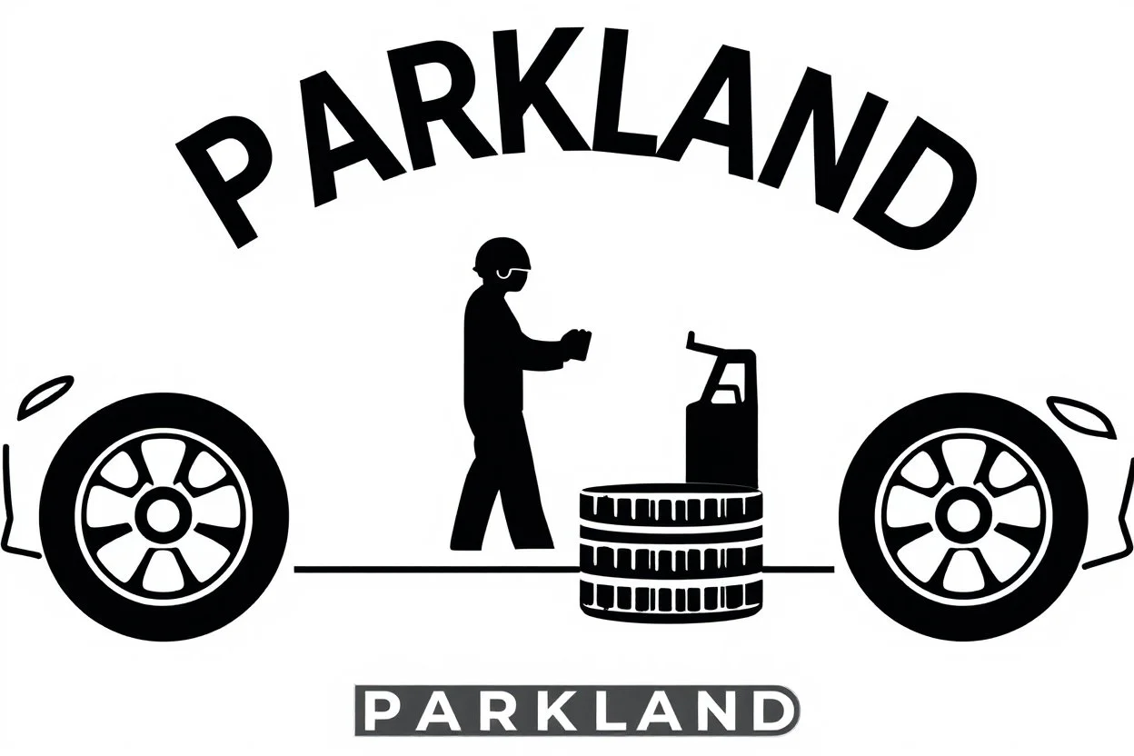 Simplified logo for Parkland Automotive Repair services representing services of automobile repairs and tire changes and oil/filter changes, includes text "PARKLAND", black on white