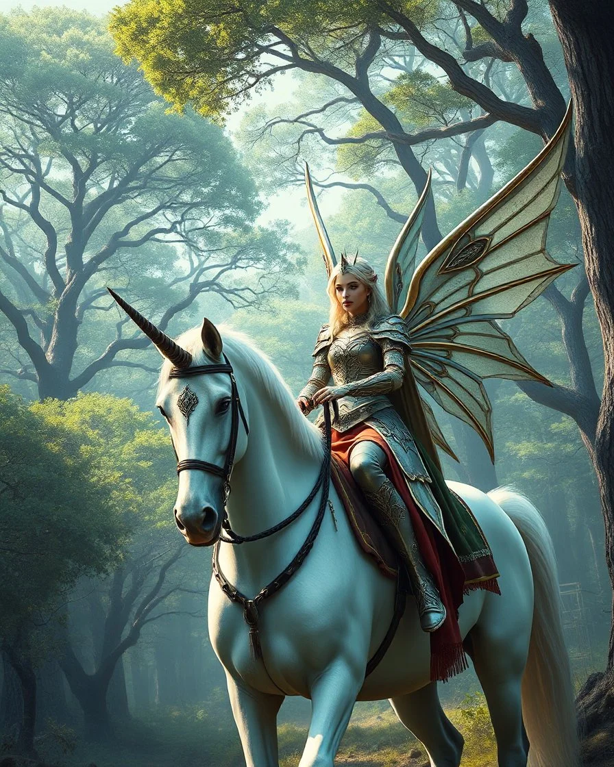 Beautiful Queen Elf Fairy wings adorned luxurious armor,she on riding white unicorn horse,beautiful forest giant trees oaks background