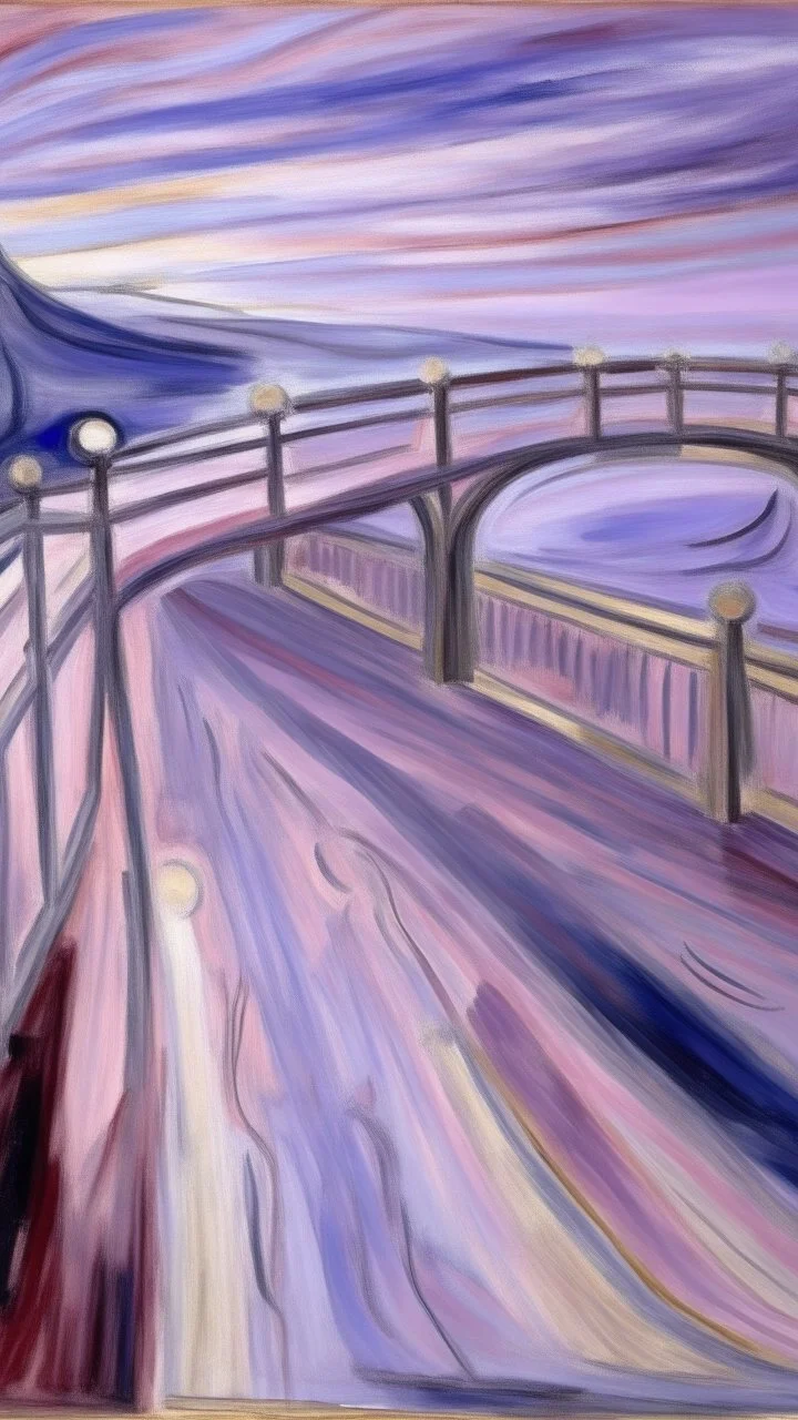 A light pinkish purple haunted bridge painted by Edvard Munch