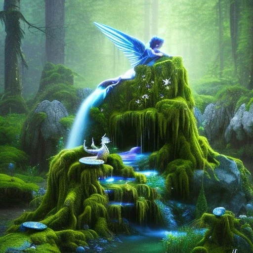 crazy detail, magical forest background, waterfall, blue but cloudy skies,close up of cute winged male poet sleeping peacefully on a mossy rock wearing soft robes and blue gloves,dark stone statue, lively eyes,hidden hands, framed by foliage, shiny eyes, holding up scroll