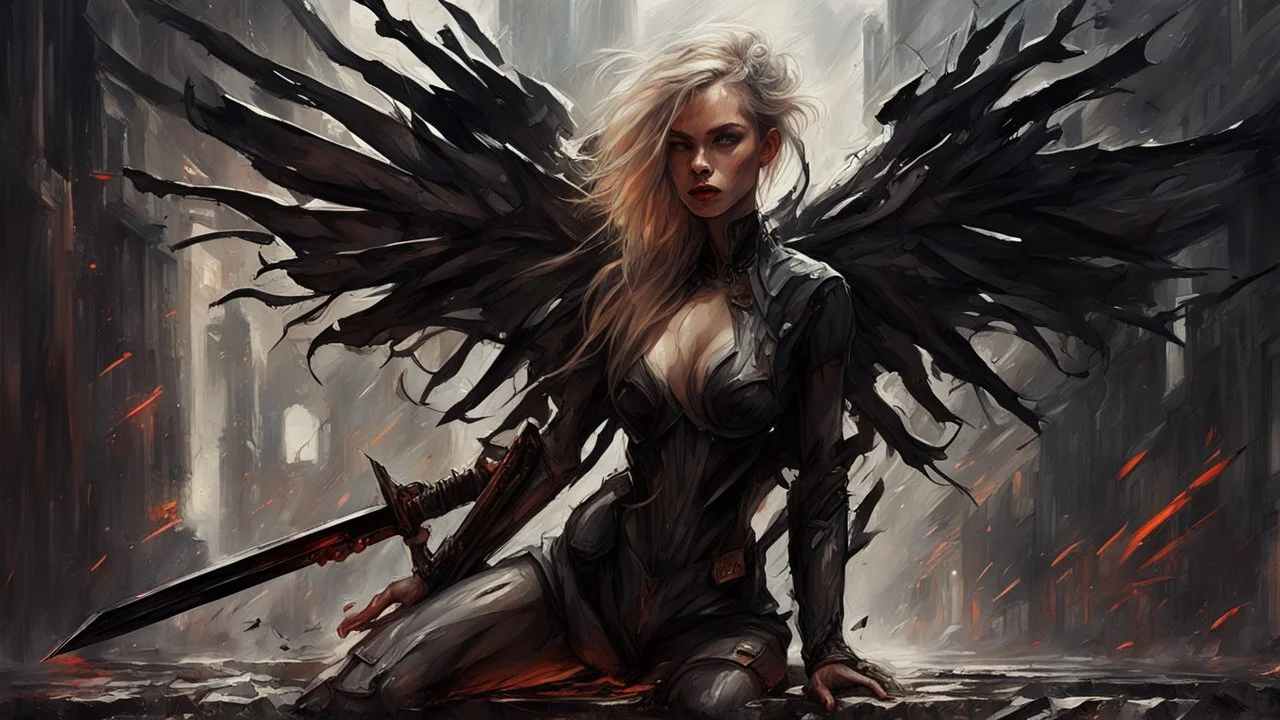 biomechanical women, beautiful, cyberpunk, dusty blonde, short square, large biomechanical black wings, sword, cybernetic, dynamic pose, rain, wind, ashes, flashes of fiery threads, sketch art, fine lines, grunge, sensual, darkness, dark colors, by Raymond Swanland & Alyssa Monks & Anna Razumovskaya