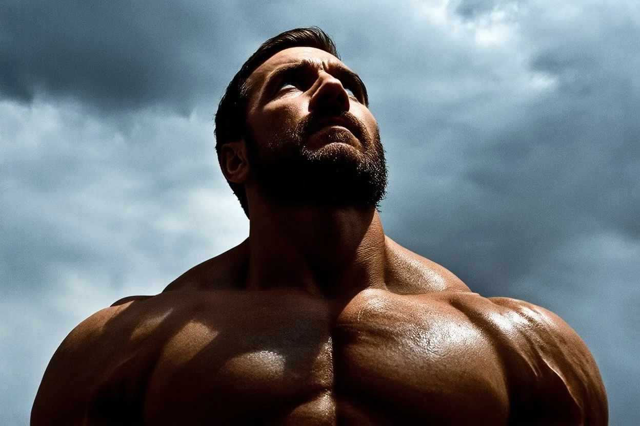 a muscular man who looks like Hans Gruber looks upward at a cloudy sky, film noir