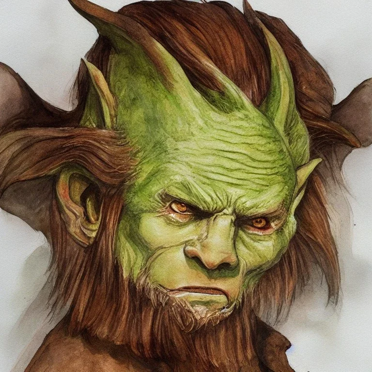 dungeons and dragons, fantasy, goblin, king, ochre skin, watercolour, distinct face, portrain, head