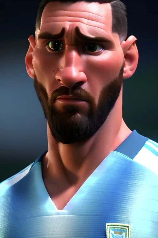 Realistic Messi Argentina soccer player Portrait, mid shot view, epic, god lights, concept art, art station, 3d, photo studio, blue clean background, unreal engine 5, ray tracing, RTX, lumen lighting, ultra detail, volumetric lighting.