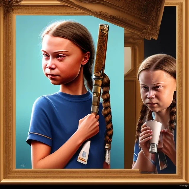 portrait of Greta Thunberg drinking crude oil