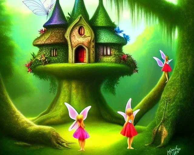 mystical house on a hot tropical island, fantasy art, surreal art, beautiful little fairies sitting on the trees,