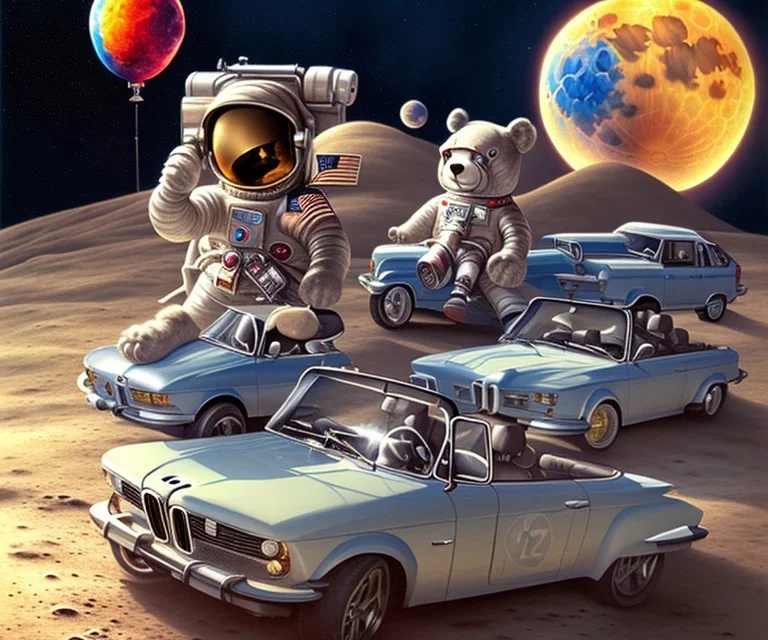 little boy and big teddy bears on moon. drifting in old bmw. oil on canvas