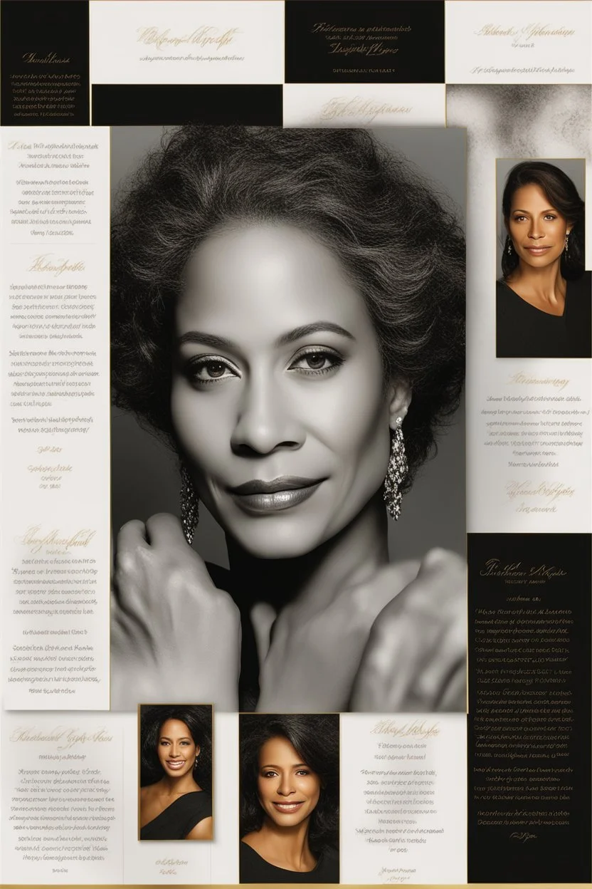 An extremely formal, funeral program on darkest black deep pigmented shiny paper with brilliant, brightest golden fonts, with a realistic colored photograph of an strikingly beautiful slightly tanned biracial woman of 48 years of age, the image has a dark black background or dark black drapery background, simple, minimalistic, less element, studio lighting,