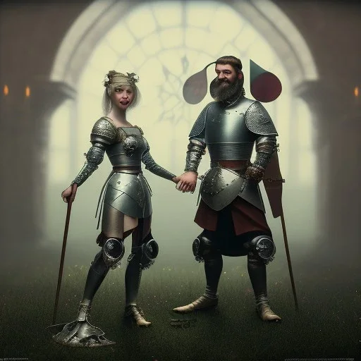 a cute smiling girl with her husband in medieval armor with a tattoo in her face, michelangelo style, steam punk, scary, horror, realistic, made in octane, cinematic, ultra-realistic, extremely detailed octane rendering, 8K, VRAY Super Real ar 2:3, dof photorealistic futuristic 50mm lens hard lighting dark gray tintype photograph, realistic lighting, sephia colors