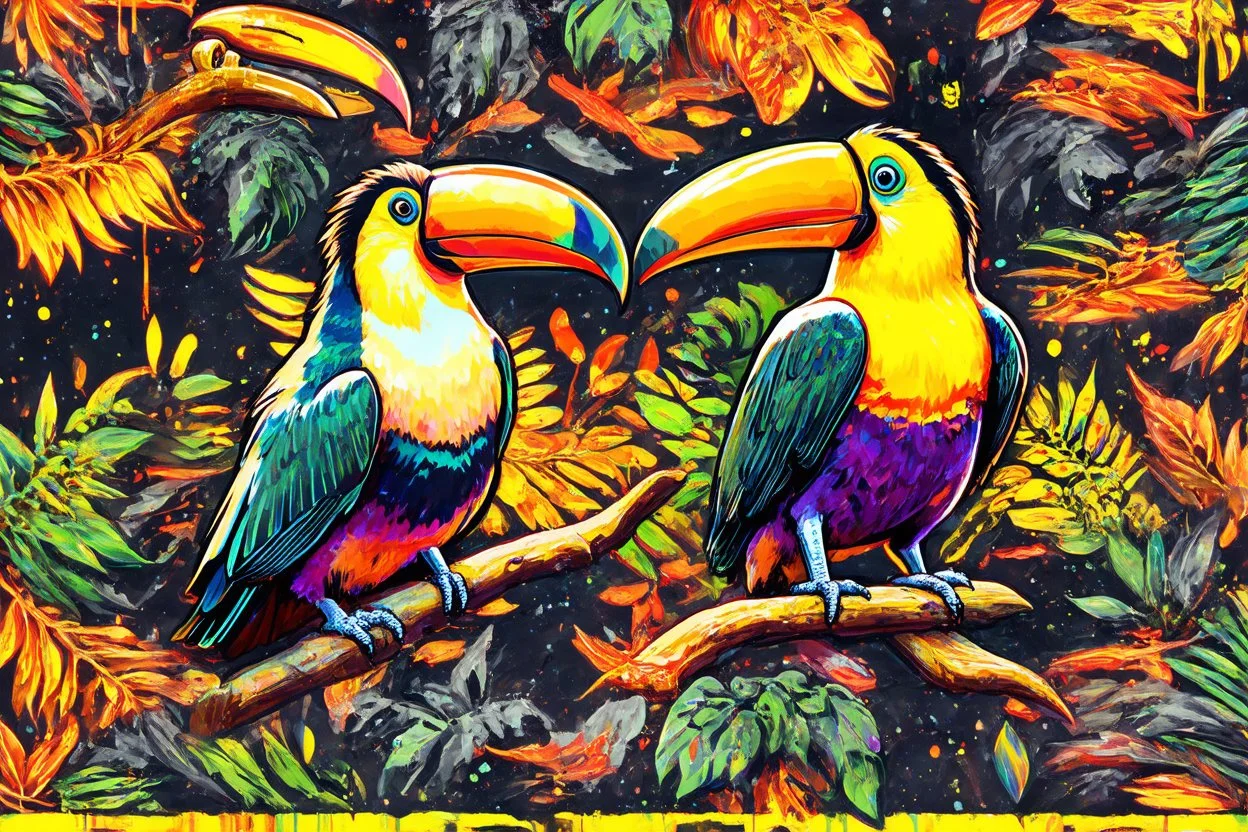 ink and paint of holo sizzle, arafed nonsense contradicting toucans in liminal space, double negative vibe, unnerving vibe, whimisical influence, grotesque vibe, ink and tint leak, minimal, brutalist, Aztec, drab and gray and orange and yellow