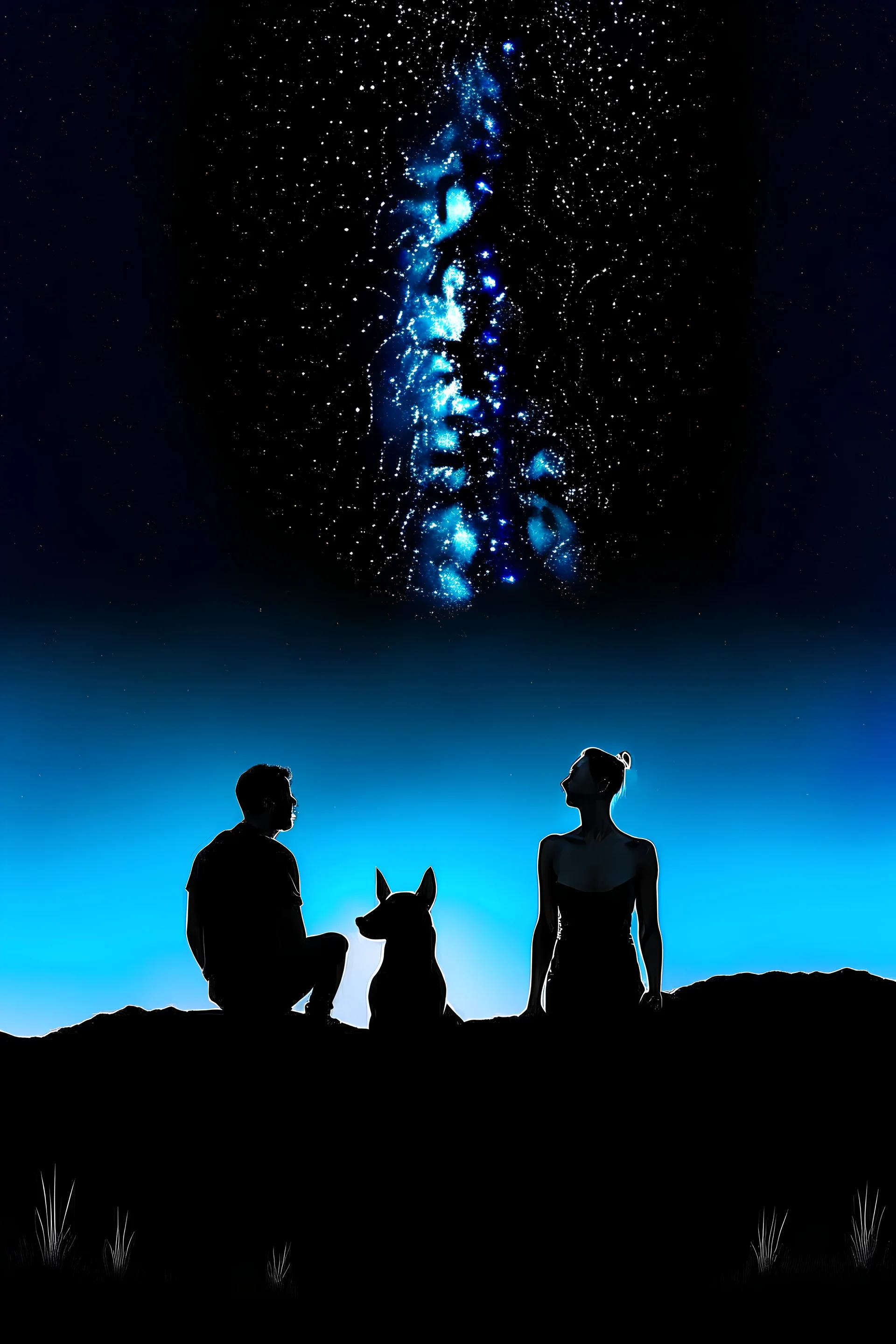 black background on a mountaintop and three silhouettes of a fit man, a silhouette of a fit woman, and silhouette of a Belgian malinois sitting next to the men and the woman looking at the stars