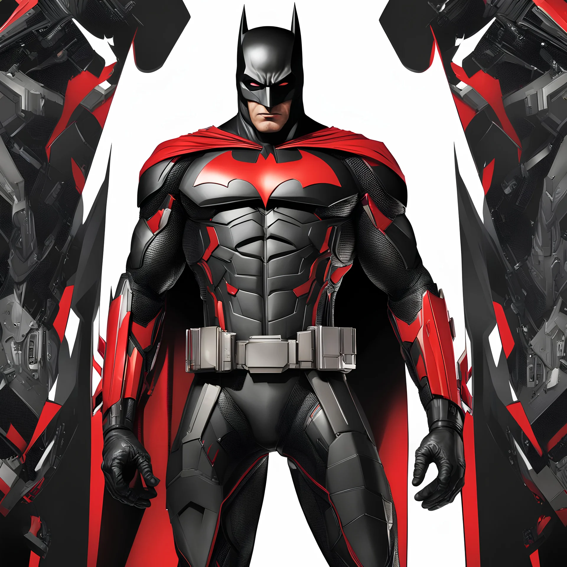 Futuristic Batman incredibly hyper-detailed black background red colors silver and black 8k digital artwork