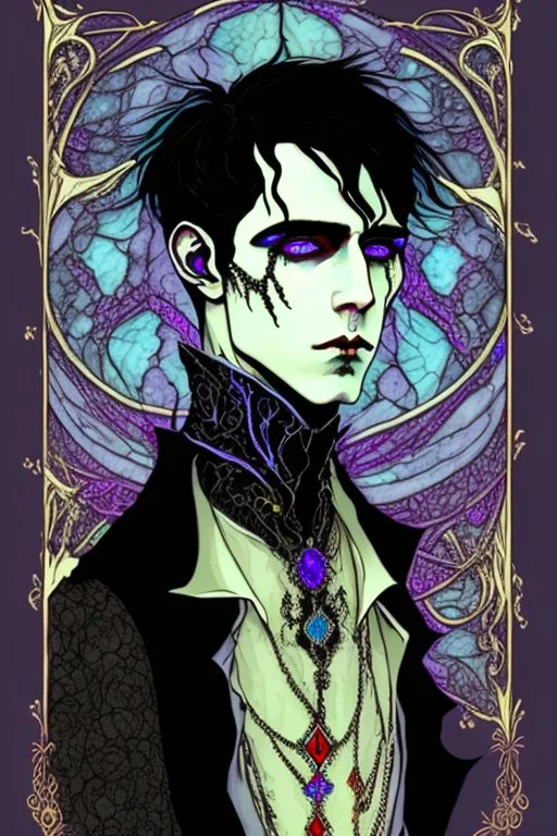 black haired young man necromancer wizard with gothic jewelry in the style of Harry Clarke