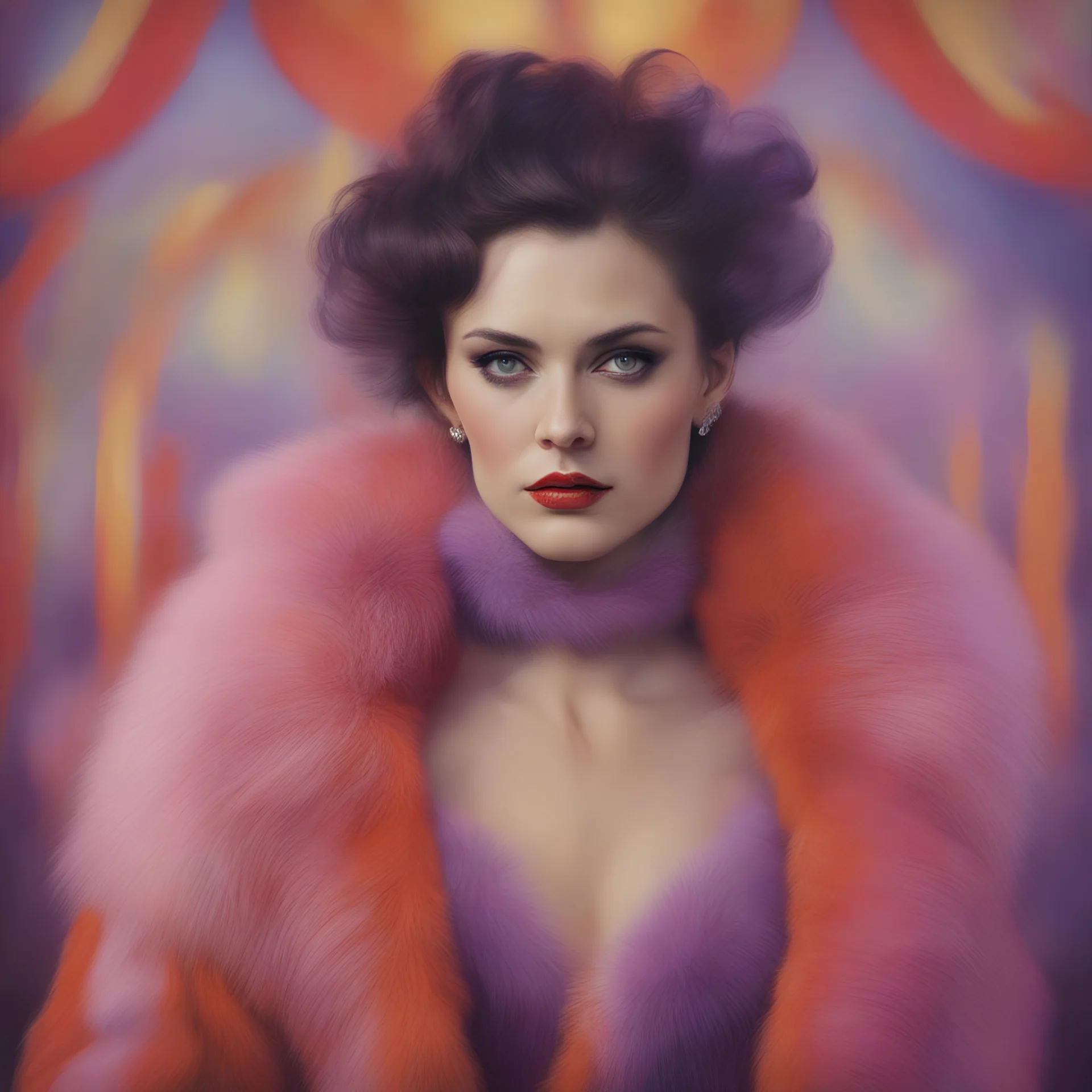 A woman in fur, at the circus, red, orange, pink, purple