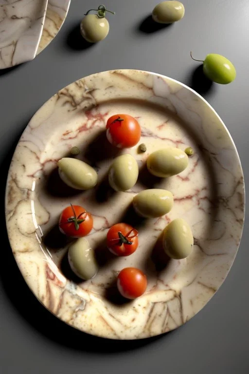 Ravioli, Italian Renaissance style still life consisting of a plate of Italian ravioli with natural cherry tomato and basil accompanied by olives, moisture ambient, natural ornaments, ceramic, marble, high kitchen, smooth, god rays, unreal engine 5, ray tracing, RTX, lumen lighting, ultra detail, volumetric lighting, 3d.