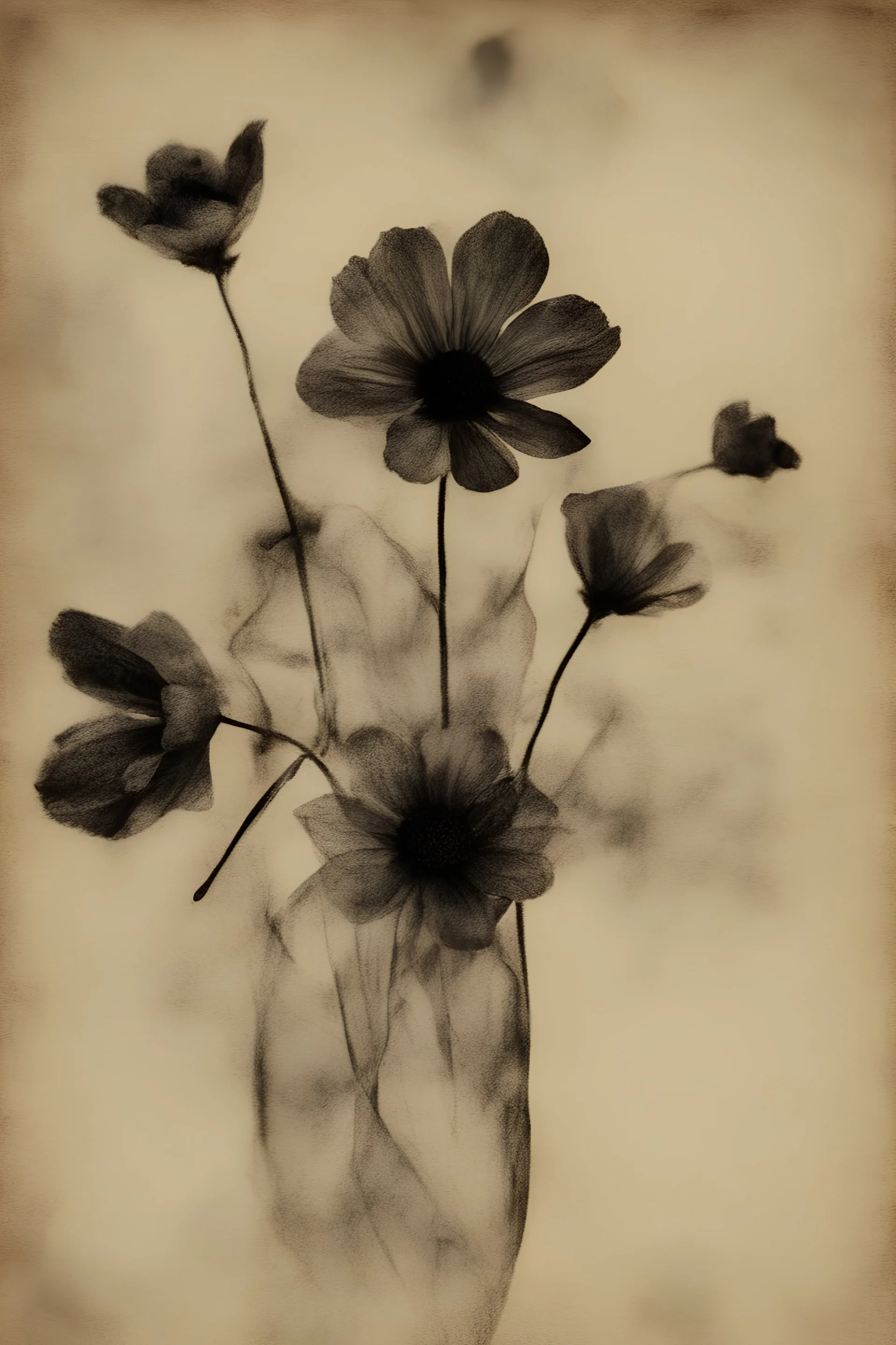 Postcard on an old scratched paper, black flowers, blur 5%, double exposure, merged layers, in the first part (near to us) of the picture you can see a plain sandblown smoked glass, engraved with a folk art pattern, the glass is cracked in several places, in some places the glass is broken, crumpled burlap, through it you can see a tropical rainforest with a waterfall, mist, tooth, sunrise