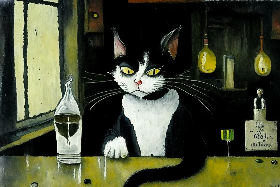 macskássy izolda, childrens book illustration, a frightened looking black and white cat with a cigarette in his mouth, a glass of whiskey in his hand, looking just at us in a smoky pub van eyck, painted on rough canvas with exaggerated lines, sharp brushstrokes, dripping, plastic paint watercolor and ink, oil on canvas S<AI jean baptiste monge