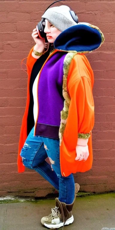 Brunette.thick thighs,thick calves,small belly,curvy fell. big head. Mantle is sewed of upcycled Denim and sewed together of camouflage pieces. Pieces' color are orange, cream and purple. It is with big bright purple felt tippet and cream-colored-hood. mantle is merged with satchel. . Big AKG-style headphones (gold rings!) is merged with small felt cap with small visor. Style: Haute Couture in 1920's, N.Y.C fashion in 1996, inspired by street art. Cream latex gaiter. Her head and rest body visib